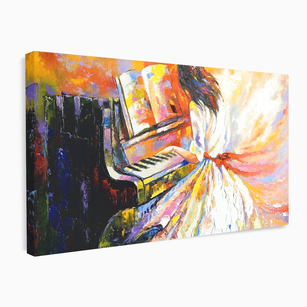 Tablou canvas cu pictura cu femeie cantand la pian, fara rama, pe sasiu de lemn